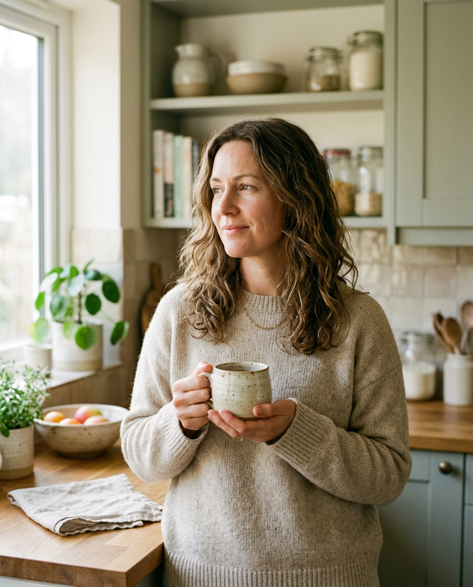 A woman in a sage green kitchen holding a mug in morning light
