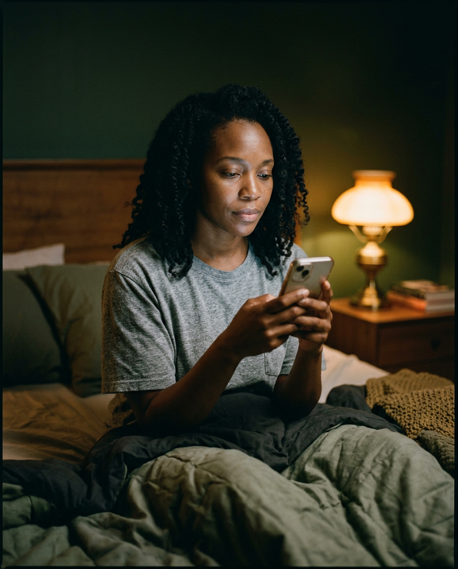 A woman sitting on the edge of her bed at night, looking at her phone