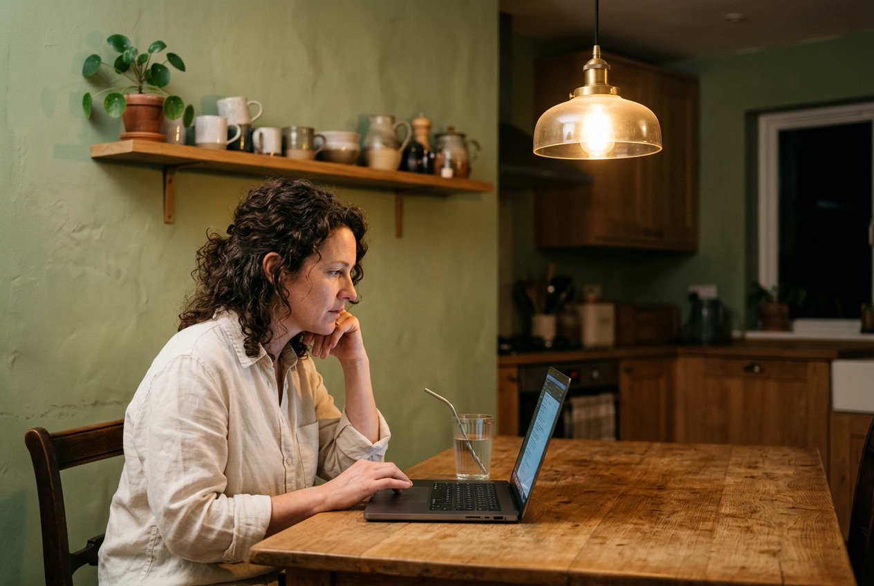 A woman at a wooden kitchen table in the evening, reading on her laptop with her chin in her hand