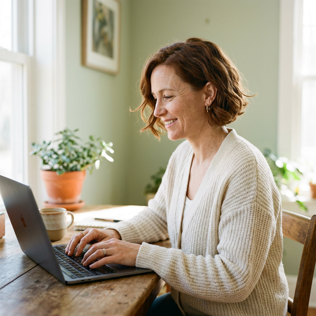 A smiling woman in a cream cardigan typing on a laptop at a wooden table